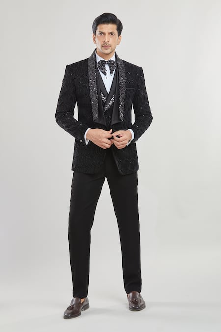 Aryavir Malhotra Geometric Pattern Detailed Tuxedo Set With Waistcoat 