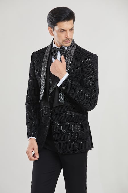 Buy Arihant Rai Sinha Black Velvet, Satin, Cotton Geometric Pattern Detailed Tuxedo Set With Waistcoat Online at Aza Fashions Buy_Arihant Rai Sinha_Black Velvet, Satin, Cotton Geometric Pattern Detailed Tuxedo Set With Waistcoat _Online_at_Aza_Fashions