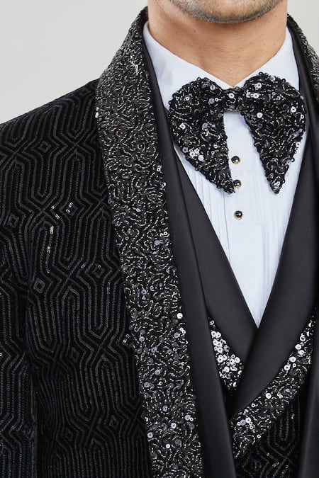 Shop Arihant Rai Sinha Black Velvet, Satin, Cotton Geometric Pattern Detailed Tuxedo Set With Waistcoat Online at Aza Fashions Shop_Arihant Rai Sinha_Black Velvet, Satin, Cotton Geometric Pattern Detailed Tuxedo Set With Waistcoat _Online_at_Aza_Fashions