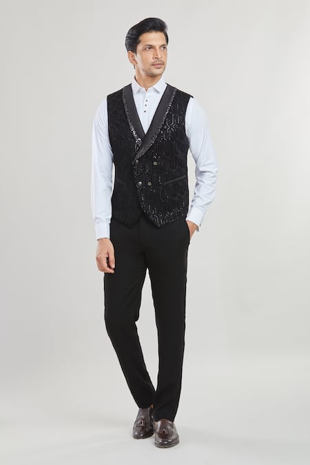 Arihant Rai Sinha Black Velvet, Satin, Cotton Geometric Pattern Detailed Tuxedo Set With Waistcoat at Aza Fashions Arihant Rai Sinha_Black Velvet, Satin, Cotton Geometric Pattern Detailed Tuxedo Set With Waistcoat _at_Aza_Fashions
