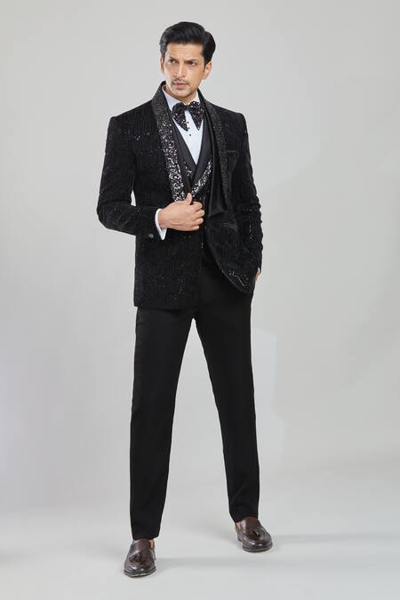Buy Arihant Rai Sinha Black Velvet, Satin, Cotton Geometric Pattern Detailed Tuxedo Set With Waistcoat Buy_Arihant Rai Sinha_Black Velvet, Satin, Cotton Geometric Pattern Detailed Tuxedo Set With Waistcoat