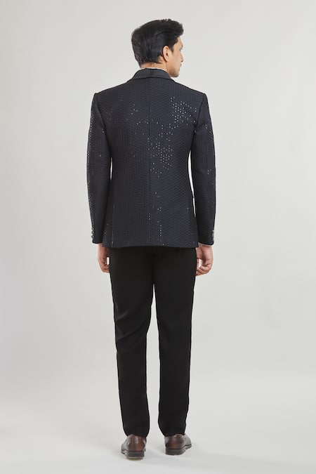 Shop Arihant Rai Sinha Black Satin, Polyester Sequins Embroidered Tuxedo Set With Bow at Aza Fashions Shop_Arihant Rai Sinha_Black Satin, Polyester Sequins Embroidered Tuxedo Set With Bow _at_Aza_Fashions