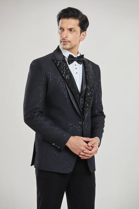 Buy Arihant Rai Sinha Black Satin, Polyester Sequins Embroidered Tuxedo Set With Bow Online at Aza Fashions Buy_Arihant Rai Sinha_Black Satin, Polyester Sequins Embroidered Tuxedo Set With Bow _Online_at_Aza_Fashions