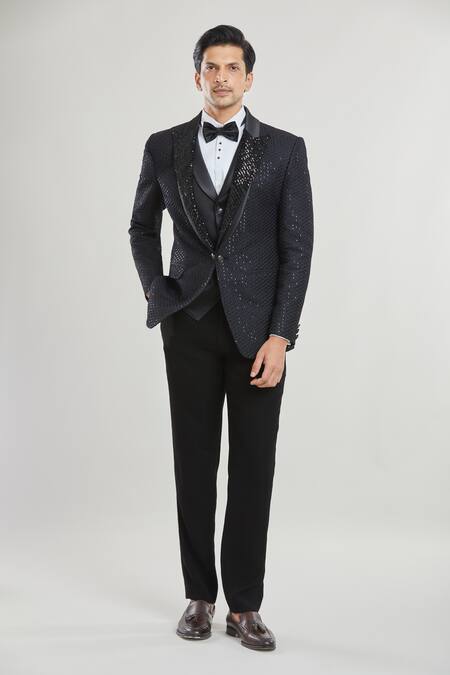 Arihant Rai Sinha Black Satin, Polyester Sequins Embroidered Tuxedo Set With Bow at Aza Fashions Arihant Rai Sinha_Black Satin, Polyester Sequins Embroidered Tuxedo Set With Bow _at_Aza_Fashions