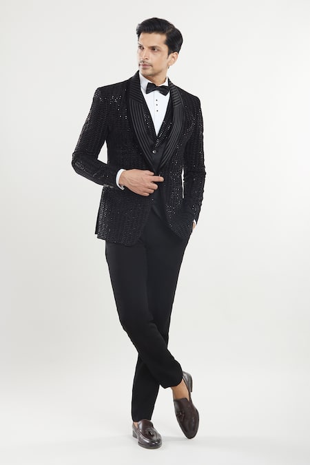 Aryavir Malhotra Shawl Collar Embroidered Tuxedo Set With Bow 