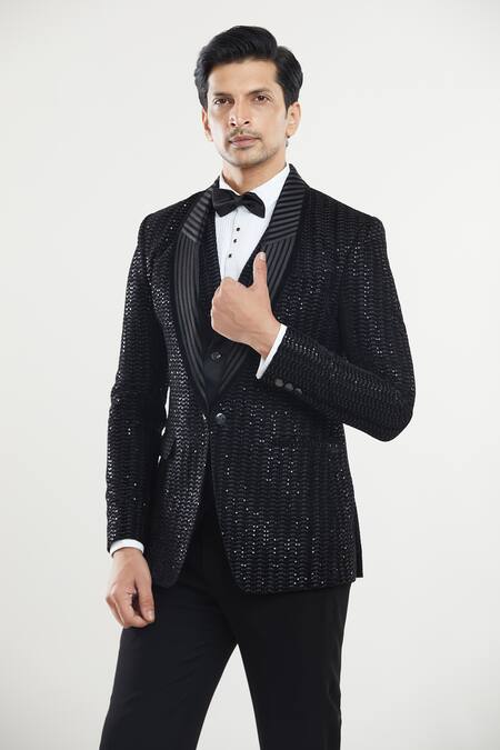Buy_Arihant Rai Sinha_Black Velvet, Satin, Cotton Sequins Embroidered Tuxedo Set With Bow _Online_at_Aza_Fashions