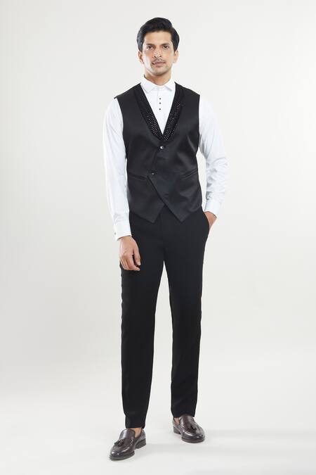 Arihant Rai Sinha_Black Velvet, Satin, Cotton Sequins Embroidered Tuxedo Set With Bow _at_Aza_Fashions