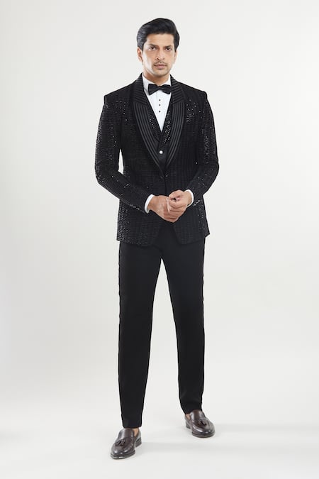 Buy_Arihant Rai Sinha_Black Velvet, Satin, Cotton Sequins Embroidered Tuxedo Set With Bow 