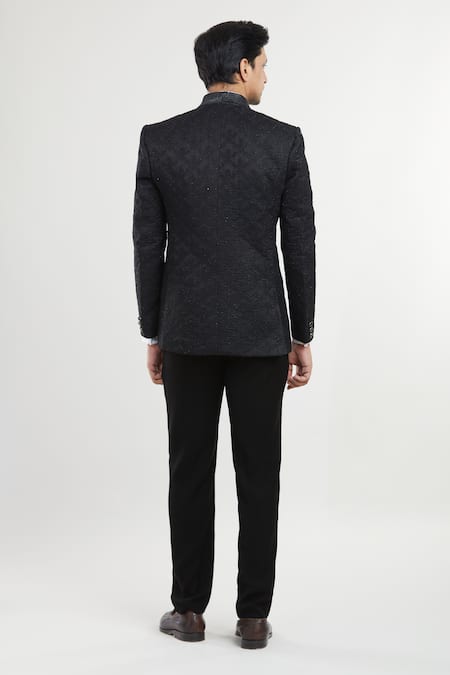 Shop Arihant Rai Sinha Black Satin, Polyester, Cotton Sequins, Embroidery Shawl Collar Tuxedo Pant Set at Aza Fashions Shop_Arihant Rai Sinha_Black Satin, Polyester, Cotton Sequins, Embroidery Shawl Collar Tuxedo Pant Set _at_Aza_Fashions