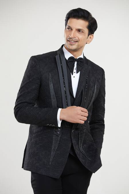 Buy Arihant Rai Sinha Black Satin, Polyester, Cotton Sequins, Embroidery Shawl Collar Tuxedo Pant Set Online at Aza Fashions Buy_Arihant Rai Sinha_Black Satin, Polyester, Cotton Sequins, Embroidery Shawl Collar Tuxedo Pant Set _Online_at_Aza_Fashions