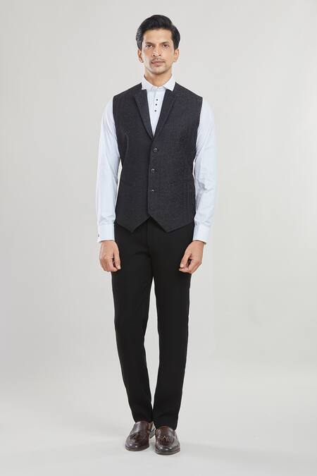 Shop Arihant Rai Sinha Black Satin, Polyester, Cotton Sequins, Embroidery Shawl Collar Tuxedo Pant Set Online at Aza Fashions Shop_Arihant Rai Sinha_Black Satin, Polyester, Cotton Sequins, Embroidery Shawl Collar Tuxedo Pant Set _Online_at_Aza_Fashions