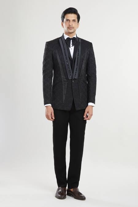 Arihant Rai Sinha Black Satin, Polyester, Cotton Sequins, Embroidery Shawl Collar Tuxedo Pant Set at Aza Fashions Arihant Rai Sinha_Black Satin, Polyester, Cotton Sequins, Embroidery Shawl Collar Tuxedo Pant Set _at_Aza_Fashions
