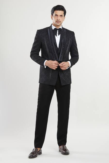 Buy Arihant Rai Sinha Black Satin, Polyester, Cotton Sequins, Embroidery Shawl Collar Tuxedo Pant Set Buy_Arihant Rai Sinha_Black Satin, Polyester, Cotton Sequins, Embroidery Shawl Collar Tuxedo Pant Set