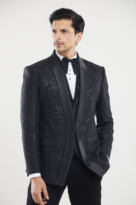 Buy Arihant Rai Sinha Black Satin, Polyester, Silk Sequins Stripe Detailed Tuxedo Pant Set Online at Aza Fashions Buy_Arihant Rai Sinha_Black Satin, Polyester, Silk Sequins Stripe Detailed Tuxedo Pant Set _Online_at_Aza_Fashions