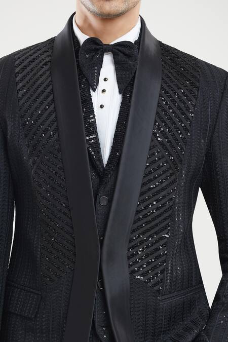 Shop Arihant Rai Sinha Black Satin, Polyester, Silk Sequins Stripe Detailed Tuxedo Pant Set Online at Aza Fashions Shop_Arihant Rai Sinha_Black Satin, Polyester, Silk Sequins Stripe Detailed Tuxedo Pant Set _Online_at_Aza_Fashions