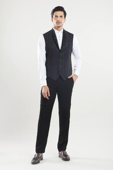 Arihant Rai Sinha Black Satin, Polyester, Silk Sequins Stripe Detailed Tuxedo Pant Set at Aza Fashions Arihant Rai Sinha_Black Satin, Polyester, Silk Sequins Stripe Detailed Tuxedo Pant Set _at_Aza_Fashions