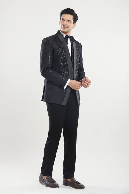 Buy Arihant Rai Sinha Black Satin, Polyester, Silk Sequins Stripe Detailed Tuxedo Pant Set Buy_Arihant Rai Sinha_Black Satin, Polyester, Silk Sequins Stripe Detailed Tuxedo Pant Set