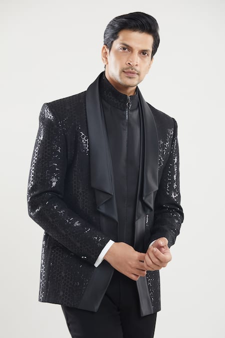 Shop_Arihant Rai Sinha_Black Satin, Polyester Hexagon Pattern Embroidered Tuxedo Set With Waist Coat _Online_at_Aza_Fashions