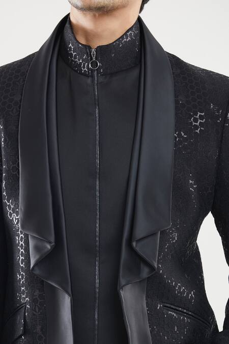 Arihant Rai Sinha_Black Satin, Polyester Hexagon Pattern Embroidered Tuxedo Set With Waist Coat _at_Aza_Fashions