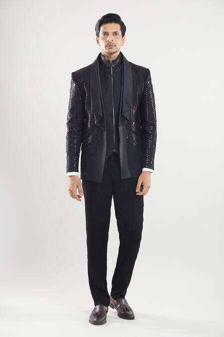 Shop_Arihant Rai Sinha_Black Satin, Polyester Hexagon Pattern Embroidered Tuxedo Set With Waist Coat 