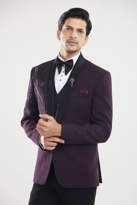 Shop_Arihant Rai Sinha_Wine Polyester, Cotton Beads Embroidered Tuxedo Set _Online_at_Aza_Fashions