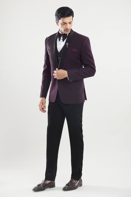 Shop_Arihant Rai Sinha_Wine Polyester, Cotton Beads Embroidered Tuxedo Set 