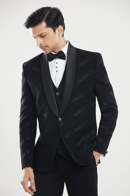 Buy Arihant Rai Sinha Black Polyester, Silk Beads Stripe Sequin Detailed Tuxedo Set With Bow Online at Aza Fashions Buy_Arihant Rai Sinha_Black Polyester, Silk Beads Stripe Sequin Detailed Tuxedo Set With Bow _Online_at_Aza_Fashions