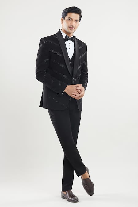 Arihant Rai Sinha Black Polyester, Silk Beads Stripe Sequin Detailed Tuxedo Set With Bow at Aza Fashions Arihant Rai Sinha_Black Polyester, Silk Beads Stripe Sequin Detailed Tuxedo Set With Bow _at_Aza_Fashions