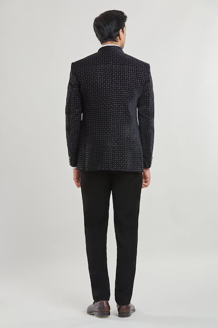 Shop Arihant Rai Sinha Black Satin, Polyester, Silk, Cotton Stripe Detailed Tuxedo Set With Waistcoat at Aza Fashions Shop_Arihant Rai Sinha_Black Satin, Polyester, Silk, Cotton Stripe Detailed Tuxedo Set With Waistcoat _at_Aza_Fashions