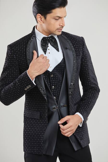 Buy Arihant Rai Sinha Black Satin, Polyester, Silk, Cotton Stripe Detailed Tuxedo Set With Waistcoat Online at Aza Fashions Buy_Arihant Rai Sinha_Black Satin, Polyester, Silk, Cotton Stripe Detailed Tuxedo Set With Waistcoat _Online_at_Aza_Fashions