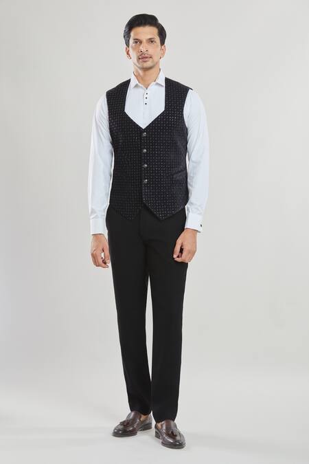 Shop Arihant Rai Sinha Black Satin, Polyester, Silk, Cotton Stripe Detailed Tuxedo Set With Waistcoat Online at Aza Fashions Shop_Arihant Rai Sinha_Black Satin, Polyester, Silk, Cotton Stripe Detailed Tuxedo Set With Waistcoat _Online_at_Aza_Fashions