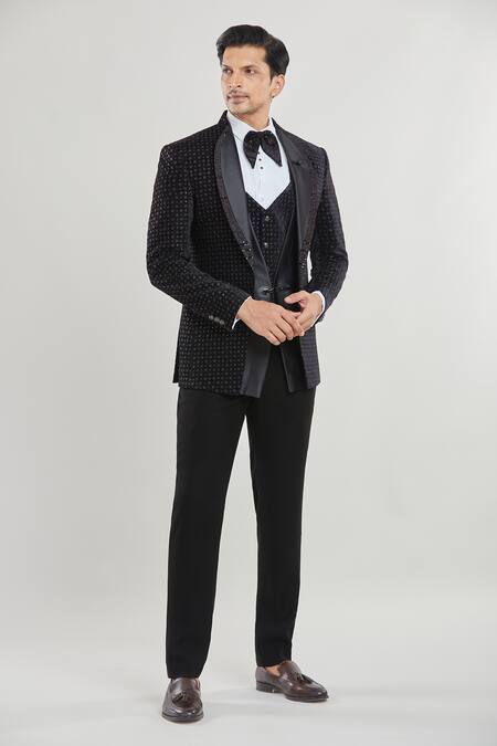 Arihant Rai Sinha Black Satin, Polyester, Silk, Cotton Stripe Detailed Tuxedo Set With Waistcoat at Aza Fashions Arihant Rai Sinha_Black Satin, Polyester, Silk, Cotton Stripe Detailed Tuxedo Set With Waistcoat _at_Aza_Fashions