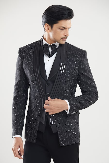 Buy_Arihant Rai Sinha_Black Satin, Polyester Sequins Tuxedo Set With Waistcoat _Online_at_Aza_Fashions