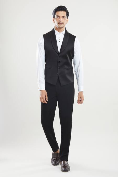 Shop_Arihant Rai Sinha_Black Satin, Polyester Sequins Tuxedo Set With Waistcoat _Online_at_Aza_Fashions