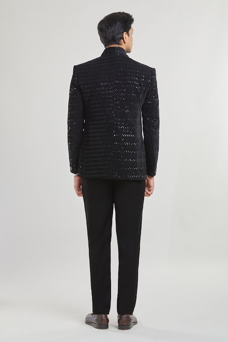 Shop Arihant Rai Sinha Black Satin, Polyester, Cotton Zig-zag Detailed Tuxedo Set With Waistcoat at Aza Fashions Shop_Arihant Rai Sinha_Black Satin, Polyester, Cotton Zig-zag Detailed Tuxedo Set With Waistcoat _at_Aza_Fashions