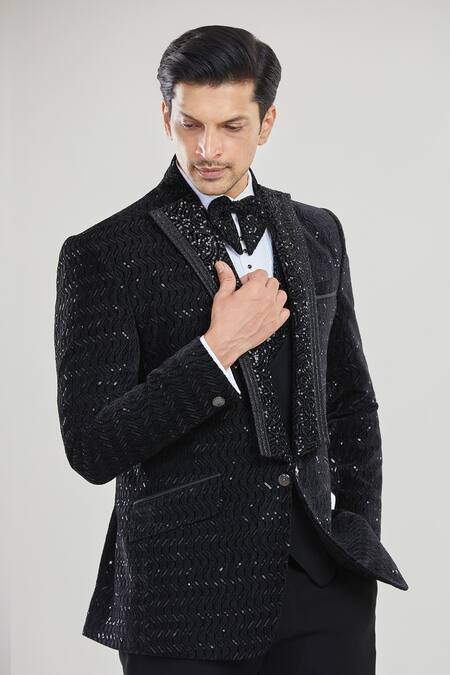 Buy Arihant Rai Sinha Black Satin, Polyester, Cotton Zig-zag Detailed Tuxedo Set With Waistcoat Online at Aza Fashions Buy_Arihant Rai Sinha_Black Satin, Polyester, Cotton Zig-zag Detailed Tuxedo Set With Waistcoat _Online_at_Aza_Fashions