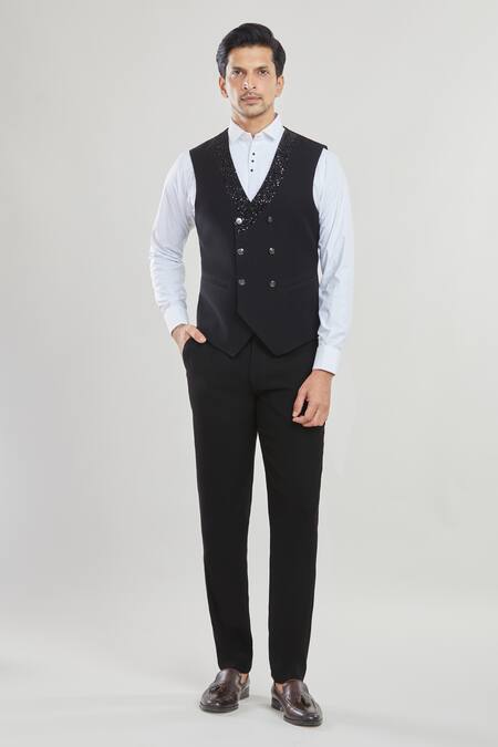 Shop Arihant Rai Sinha Black Satin, Polyester, Cotton Zig-zag Detailed Tuxedo Set With Waistcoat Online at Aza Fashions Shop_Arihant Rai Sinha_Black Satin, Polyester, Cotton Zig-zag Detailed Tuxedo Set With Waistcoat _Online_at_Aza_Fashions