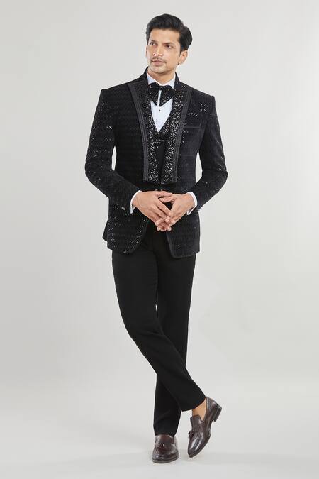 Arihant Rai Sinha Black Satin, Polyester, Cotton Zig-zag Detailed Tuxedo Set With Waistcoat at Aza Fashions Arihant Rai Sinha_Black Satin, Polyester, Cotton Zig-zag Detailed Tuxedo Set With Waistcoat _at_Aza_Fashions