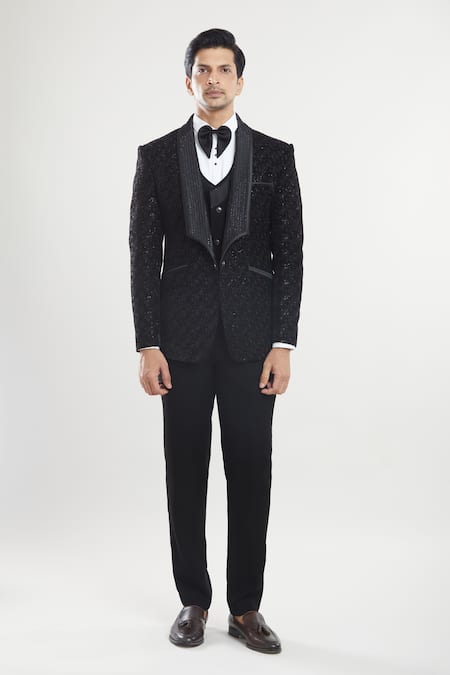 Shop Arihant Rai Sinha Black Satin, Polyester, Silk, Cotton Thread Detailed Tuxedo Set With Waistcoat Online at Aza Fashions Shop_Arihant Rai Sinha_Black Satin, Polyester, Silk, Cotton Thread Detailed Tuxedo Set With Waistcoat _Online_at_Aza_Fashions