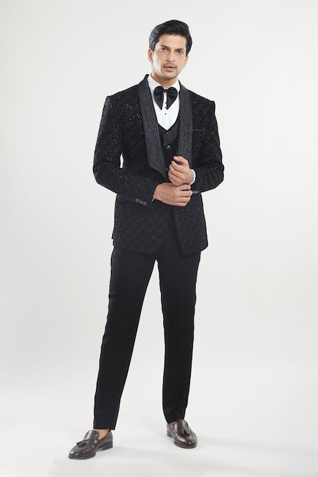 Arihant Rai Sinha Black Satin, Polyester, Silk, Cotton Thread Detailed Tuxedo Set With Waistcoat at Aza Fashions Arihant Rai Sinha_Black Satin, Polyester, Silk, Cotton Thread Detailed Tuxedo Set With Waistcoat _at_Aza_Fashions