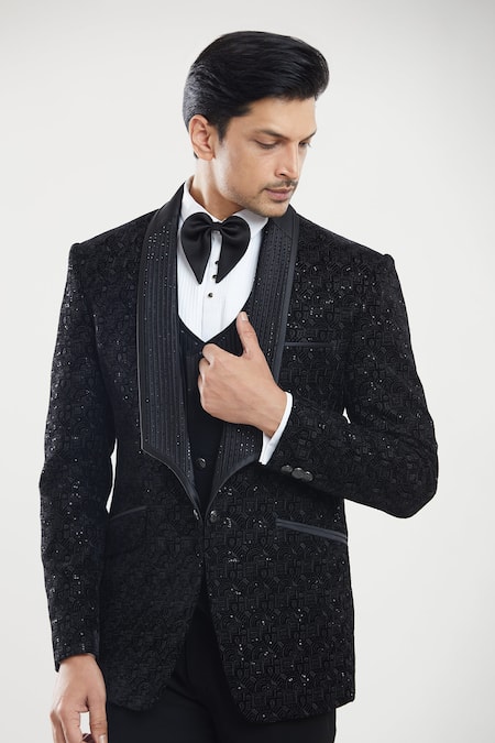 Buy Arihant Rai Sinha Black Satin, Polyester, Silk, Cotton Thread Detailed Tuxedo Set With Waistcoat Buy_Arihant Rai Sinha_Black Satin, Polyester, Silk, Cotton Thread Detailed Tuxedo Set With Waistcoat