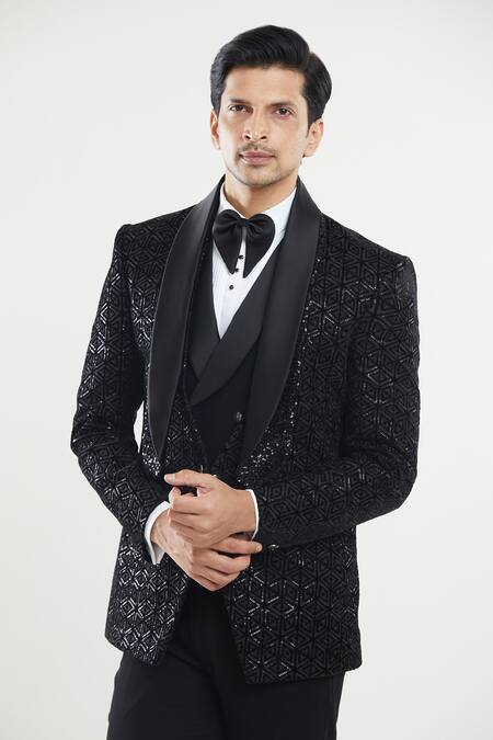 Buy_Arihant Rai Sinha_Black Satin, Polyester, Cotton Sequins, Embroidery Triangle Tuxedo Set _Online_at_Aza_Fashions