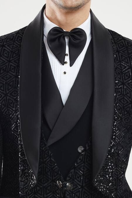 Shop_Arihant Rai Sinha_Black Satin, Polyester, Cotton Sequins, Embroidery Triangle Tuxedo Set _Online_at_Aza_Fashions