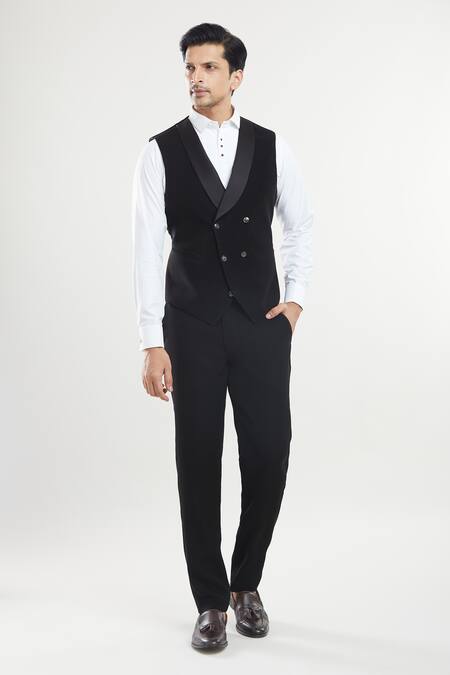 Arihant Rai Sinha_Black Satin, Polyester, Cotton Sequins, Embroidery Triangle Tuxedo Set _at_Aza_Fashions