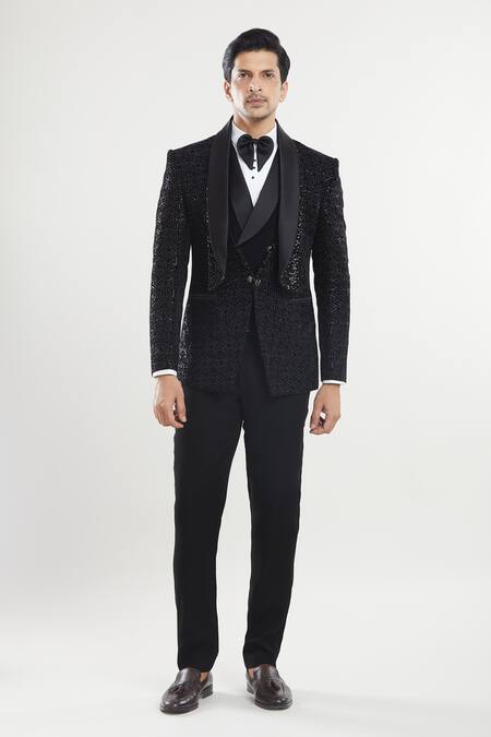 Buy_Arihant Rai Sinha_Black Satin, Polyester, Cotton Sequins, Embroidery Triangle Tuxedo Set 