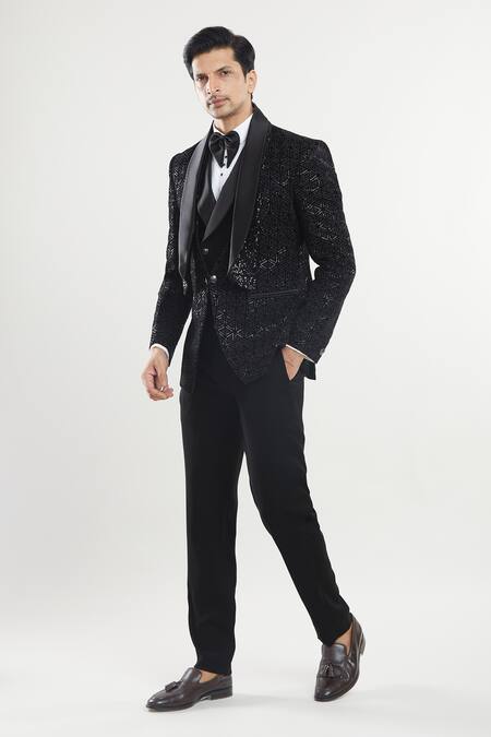 Shop_Arihant Rai Sinha_Black Satin, Polyester, Cotton Sequins, Embroidery Triangle Tuxedo Set 