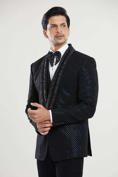 Buy Arihant Rai Sinha Black Satin, Polyester Sequins Square Detailed Tuxedo Set With Waistcoat Online at Aza Fashions Buy_Arihant Rai Sinha_Black Satin, Polyester Sequins Square Detailed Tuxedo Set With Waistcoat _Online_at_Aza_Fashions