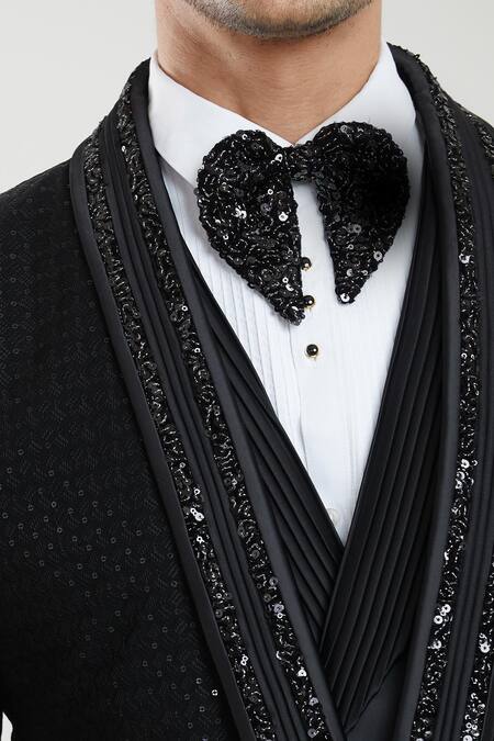 Shop Arihant Rai Sinha Black Satin, Polyester Sequins Square Detailed Tuxedo Set With Waistcoat Online at Aza Fashions Shop_Arihant Rai Sinha_Black Satin, Polyester Sequins Square Detailed Tuxedo Set With Waistcoat _Online_at_Aza_Fashions