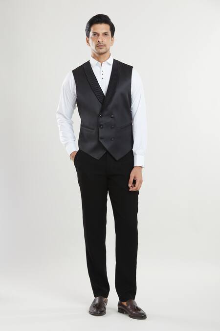 Arihant Rai Sinha Black Satin, Polyester Sequins Square Detailed Tuxedo Set With Waistcoat at Aza Fashions Arihant Rai Sinha_Black Satin, Polyester Sequins Square Detailed Tuxedo Set With Waistcoat _at_Aza_Fashions