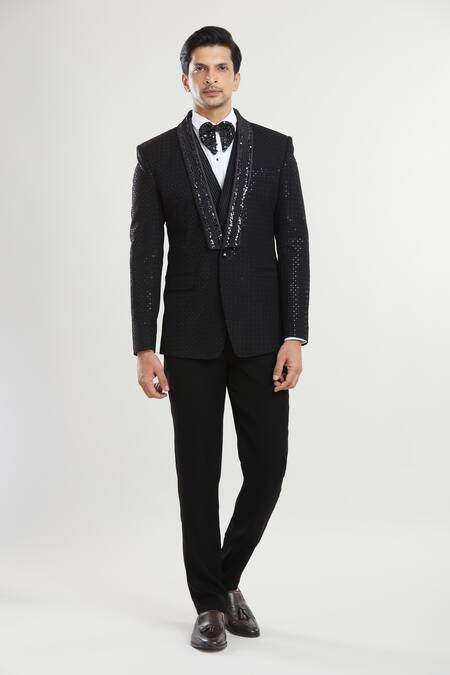 Buy Arihant Rai Sinha Black Satin, Polyester Sequins Square Detailed Tuxedo Set With Waistcoat Buy_Arihant Rai Sinha_Black Satin, Polyester Sequins Square Detailed Tuxedo Set With Waistcoat